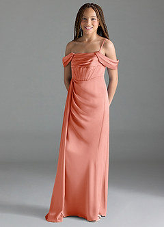 Azazie Amyra Junior Coral Sheath Off the Shoulder Stretch Satin Dress image4