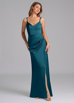Azazie Leo Robes de demoiselle d'honneur Robe Fourreau en Satin extensible Plissée Bleu Encre image4