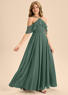 Azazie Tessabelle Junior Vestido de Musgo Marino de Gasa de Corte En A con Vestidos sin tirantes image5