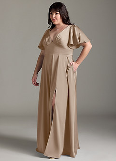Azazie Kimber Bridesmaid Dresses Taupe A-Line Ruched Stretch Satin Dress image10