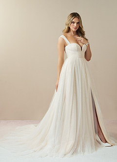 Azazie Maia Vestidos de novia Vestido de Blanco Diamante Champán de Tul de Corte en A con Vestidos sin tirantes image10