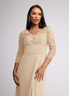 Azazie Joan Mother of the Bride Dresses Champagne Sheath V-Neck Lace Chiffon Dress image3