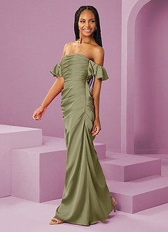 Barbie ♥ Azazie Bridesmaid Dresses Pistachio Sheath Off the Shoulder Stretch Satin Convertible Dress image4