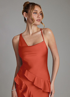 Azazie Jayda Bridesmaid Dresses Rust A-Line Ruched Stretch Satin Dress image3
