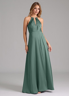 Azazie Evalleen Bridesmaid Dresses Eucalyptus A-Line Pleated Stretch Satin Dress image3