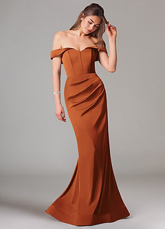 Azazie Everly Brudtärnklänningar Klänning av Sjöjungfru i Stretch Satin Av axeln Kanel Konvertibel image6