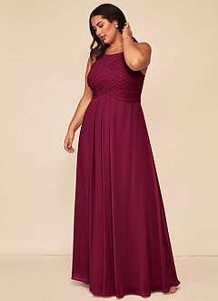 Azazie Ginger Vestidos de damas de honor Vestido Borgoña de Gasa de Línea A con Halter Plisado image15