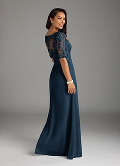 Azazie Amedeus vestidos de madre de la novia Vestido Azul Marino Oscuro de Gasa de Corte en A con Encaje cuello pico image2