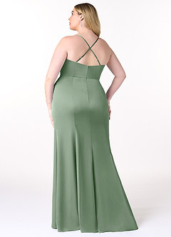 Azazie Marzia Vestidos de damas de honor Vestido de Matcha de Satén Elástico de Corte Recto con Cuello V Plisado image8