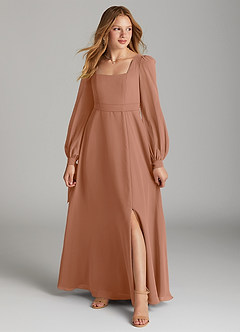 Azazie Leonia Junior A라인 포켓이 있는 쉬폰 플로어 길이 주니어 신부 들러리 드레스 image1