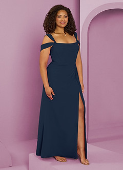 Barbie ♥ Azazie Robes de demoiselle d'honneur Robe Trapèze en Mousseline de soie Épaule décolletée Bleu Marine Foncé image10