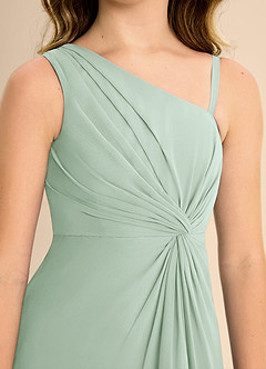 Azazie Brooke Junior Abito A-Line in Chiffon Spacco Laterale Agave image7