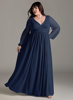 Azazie Norah Bridesmaid Dresses Dark Navy A-Line V-Neck Long Sleeve Chiffon Dress image8