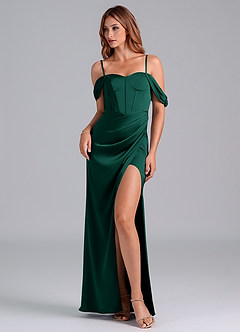 Azazie Asha Bridesmaid Dresses Emerald Sheath Off the Shoulder Stretch Satin Convertible Dress image6