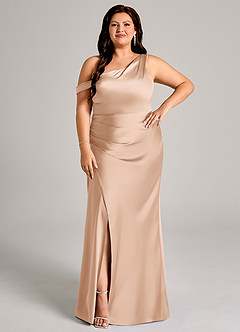 Azazie Madelyn Jurken voor bruidsmeisjes Converteerbaar Jurk van Stretch Satijn met Zeemeermin One-Shoulder Engelse Roos image10