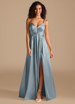 Azazie Alia Robes de demoiselle d'honneur Robe Trapèze en Satiné métallisé Plissée Bleu Poussiéreux image8