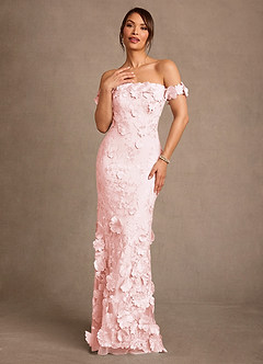 Azazie Lotta Blushing Pink Mermaid Off the Shoulder Lace Dress | Azazie