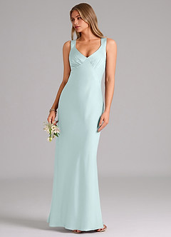 Azazie Kamila Bridesmaid Dresses Sea Glass A-Line Pleated Stretch Satin Dress image5
