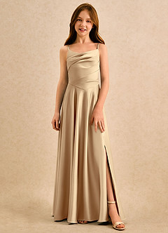 Azazie Coconut Girls Formal Sukienki dla dziewczynek sypiących kwiaty Linia A Pofałdowany Satyna elastyczna Długość podłogi Sukienka image1