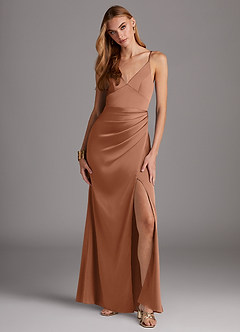 Azazie Shania Bridesmaid Dresses Bronzer Sheath V-Neck Pleated Stretch Satin Dress image1