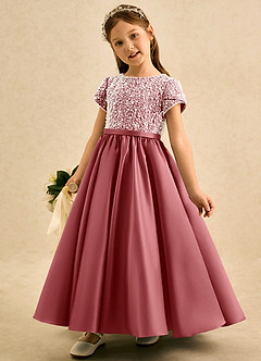 Azazie Cashew Flower Girl Dresses Antique Rose Ball-Gown with Sleeves Matte Satin Dress image3