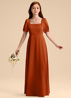 Azazie Briar Junior Abito A-Line in Raso Elasticizzato Fiocco Arancia Bruciata image5