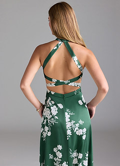 Azazie Clarice Abiti da Damigella Abito A-Line in Raso Elasticizzato Collo Alto Green Botanicals image8