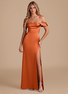 Azazie Saige Bridesmaid Dresses Burnt Orange A-Line Off the Shoulder Metallic Satin Convertible Dress image5
