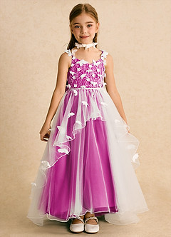 Azazie Darlina Robe Demoiselle D'honneur Fillette Robe Princesse en Tulle Dentelle Ivoire Fuchsia image4