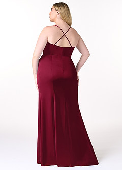 Azazie Marzia Vestidos de damas de honor Vestido de Borgoña de Satén Elástico de Corte Recto con Cuello V Plisado image8
