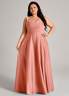 Azazie Shaude Bridesmaid Dresses Coral A-Line Pleated Stretch Satin Dress image12