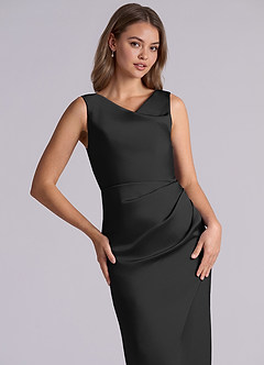 Azazie Kali At-home Try On Dresses Black Sheath Pleated Stretch Satin Dress image7