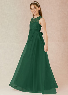 Azazie Georgette Junior Dark Green A-Line Lace Tulle Dress image3
