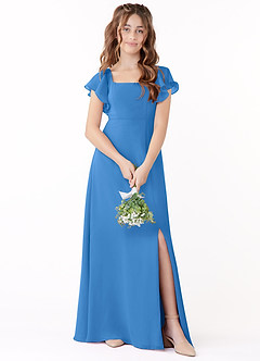 Azazie Bondi Junior Blue Jay A-Line Bow Chiffon Dress image1