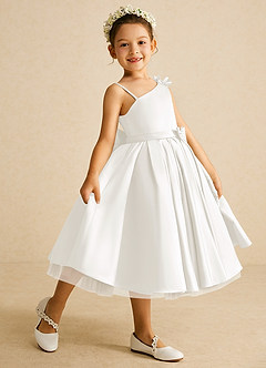 Azazie Lollipop Flower Girl Dresses Ivory A-Line One Shoulder Matte Satin Dress image1