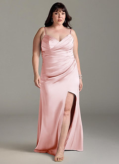 Azazie Yola Bridesmaid Dresses Blushing Pink Sheath V-Neck Pleated Stretch Satin Convertible Dress image9