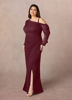 Azazie Marna Mother of the Bride Dresses Cabernet Sheath One Shoulder Mesh Dress image2