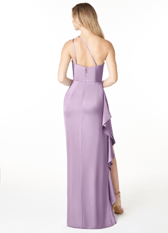 Azazie Latrice Bridesmaid Dresses Frosted Lilac Sheath One Shoulder Cascading Ruffles Stretch Satin Dress image2