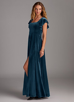 Azazie Bondi Vestidos de damas de honor Vestido de Topacio Azul de terciopelo de Corte en A con Corte Lateral image5