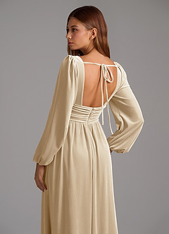Azazie Norah Bridesmaid Dresses Champagne A-Line Long Sleeve Velvet Dress image6