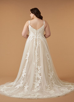 Azazie Delaina Wedding Dresses Diamond White Champagne A-Line V-Neck Sequins Tulle Dress image16