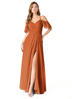 Azazie Dakota Bridesmaid Dresses Cinnamon A-Line V-Neck Pleated Chiffon Dress image2