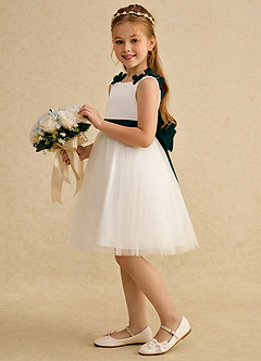 Azazie Lona Abiti da Ragazza di Fiori Abito A-Line in Raso Opaco Fiocco Avorio Pino image4