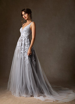 Azazie Sorella Wedding Dresses Diamond White Cocoa A-Line V-Neck Sequins Tulle Dress image3
