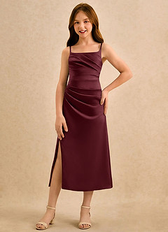 Azazie Canna Girls Formal Sukienki dla dziewczynek sypiących kwiaty Linia A Pofałdowany Satyna elastyczna Długość herbaty Sukienka image4