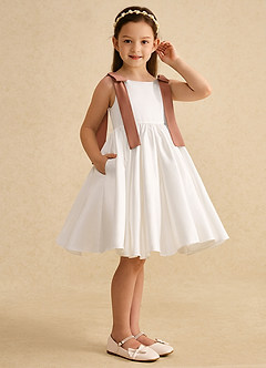 Azazie Stacie Flower Girl Dresses Ivory Bronzer A-Line Bow Matte Satin Dress image2