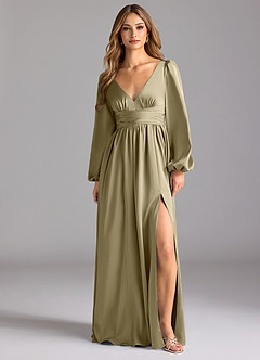 Azazie Norah Bridesmaid Dresses Moss Green A-Line Stretch Satin Dress image1