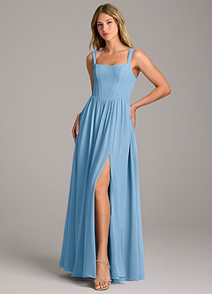 Azazie Rosaline Bridesmaid Dresses Steel Blue A-Line Side Slit Chiffon Dress image3