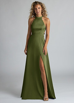 Azazie Clarice Bridesmaid Dresses Olive A-Line High Neck Stretch Satin Dress image4