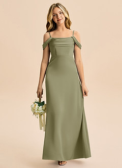 Azazie Lettie Junior A-Linie Schulterfrei Stretch-Satin Kleid Pistazie image2